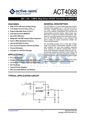 ACT4088US-T datasheet - 28V, 1.5A, 1.4MHz Step-Down DC/DC Converter in SOT23-6