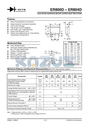 ER800D datasheet - 8.0A D2PAK SURFACE MOUNT SUPER FAST RECTIFIEIR