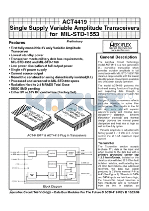 ACT4419FP datasheet - Single Supply Variable Amplitude Transceivers for MIL-STD-1553