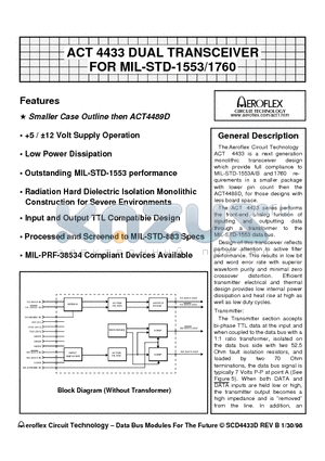 ACT4433-DF datasheet - ACT 4433 DUAL TRANSCEIVER FOR MIL-STD-1553/1760