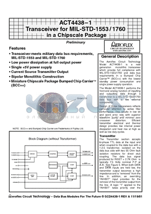 ACT4438-1 datasheet - ACT4438-1 Transceiver for MIL-STD-1553 / 1760 in a Chipscale Package