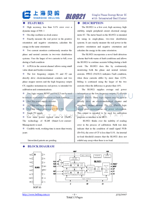 BL0921 datasheet - Single Phase Energy Meter IC with Integrated Oscillator