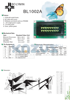 BL1002A datasheet - COB with metal frame 5x7 dots with cursor