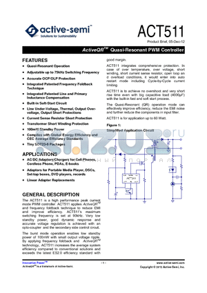 ACT511 datasheet - ActiveQR Quasi-Resonant PWM Controller