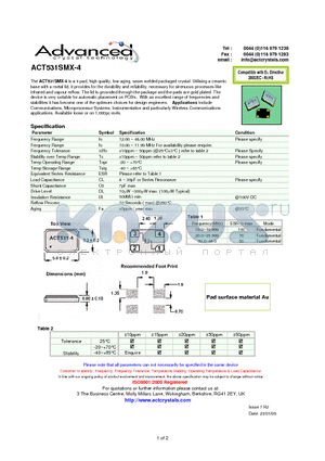 ACT531SMX-4 datasheet - 4 pad, high quality, low aging, seam welded packaged crystal.