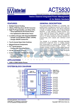 ACT5830 datasheet - Twelve Channel Integrated Power Management IC for Mobile Handsets