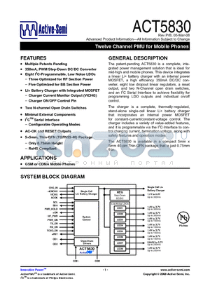 ACT5830 datasheet - Twelve Channel PMU for Mobile Phones