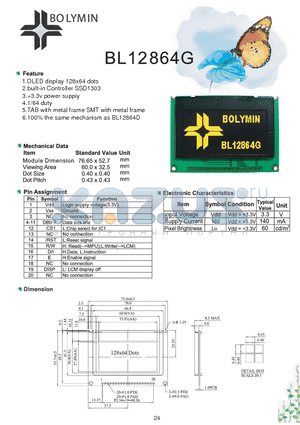 BL12864G datasheet - OLED display 128x64 dots built-in Controller SSD1303