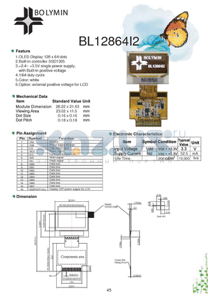 BL12864I2 datasheet - OLED Display 128 x 64 dots Built-in controller SSD1305