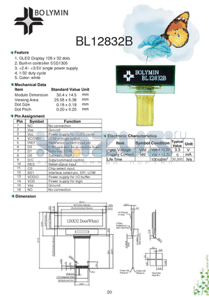 BL12832B datasheet - OLED Display 128 x 32 dots Built-in controller SSD1305