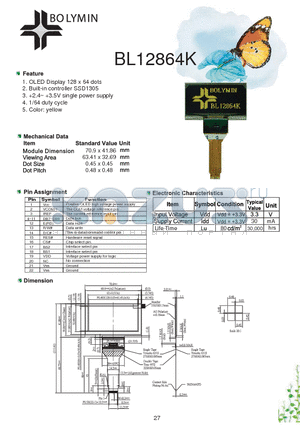 BL12864K datasheet - OLED Display 128 x 64 dots Built-in controller SSD1305
