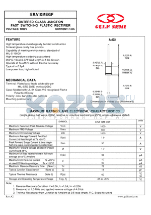 ERA10MEGF datasheet - SINTERED GLASS JUNCTION FAST SWITCHING PLASTIC RECTIFIER VOLTAGE: 1000V CURRENT: 1.0A