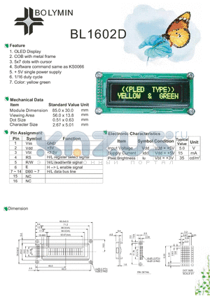 BL1602D datasheet - OLED Display COB with metal frame