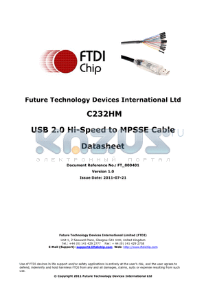 C232HM-DDHSL-0 datasheet - USB 2.0 Hi-Speed to MPSSE Cable
