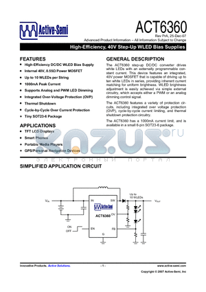 ACT6360 datasheet - High-Efficiency, 40V Step-Up WLED Bias Supplies