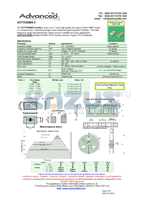 ACT752SMX-2 datasheet - low cost, 2 pad, high quality, low aging 7x5mm SMD Crystal