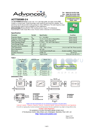 ACT750SMX-4 datasheet - low cost, 4 & 2 pad, high quality, low aging 7x5mm SMD Crystal