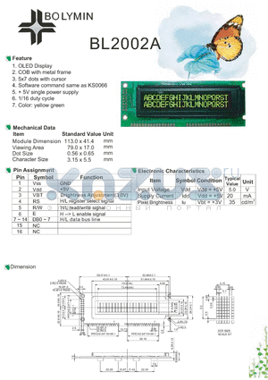 BL2002A datasheet - OLED Display COB with metal frame