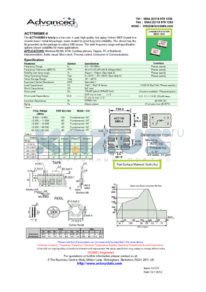 ACT750SMX-4_12 datasheet - low cost, 4 & 2 pad, high quality, low aging 7x5mm SMD Crystal