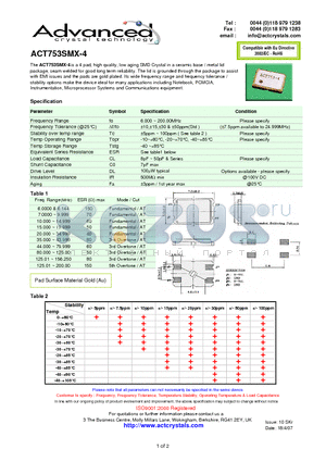 ACT753SMX-4 datasheet - 4 pad, high quality, low aging SMD Crystal in a ceramic base