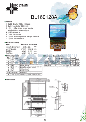 BL160128A datasheet - OLED Display 160 x 128 dots Built-in controller SSD1353