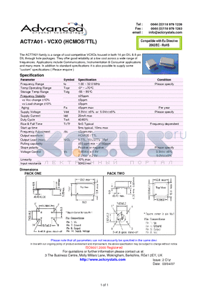 ACT7A01 datasheet - a range of cost competitive VCXOs