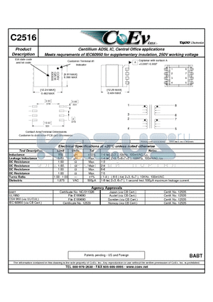 C2516 datasheet - Centillium ADSL IC, Central Office applications Meets requrements of IEC60950 for supplementary insulation, 250V working voltage