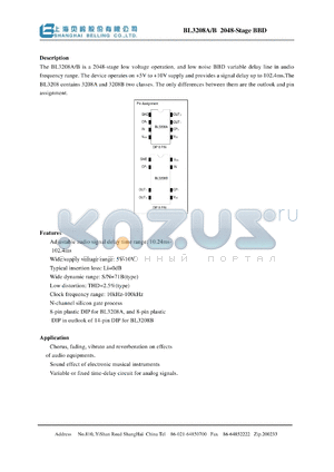 BL3208 datasheet - 2048-stage low voltage operation, and low noise BBD variable delay line in audio