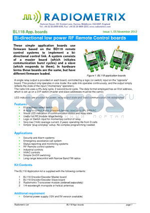BL118 datasheet - Bi-directional low power RF Remote Control boards