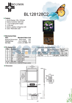 BL128128C2 datasheet - OLED Display 128 x 128 dots Built-in controller SSD1355