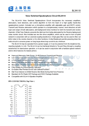 BL34118 datasheet - Voice Switched Speakerphone Circuit