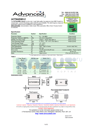 ACT844SMX-2 datasheet - low cost, 2 pad, high quality, low aging 8x4.5mm SMD Crystal