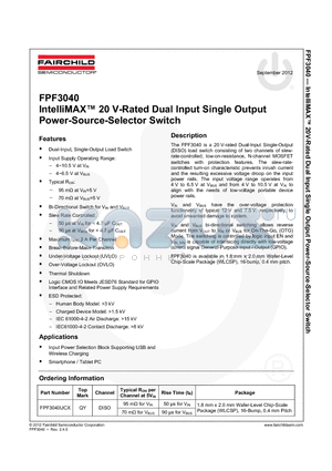 FPF3040 datasheet - IntelliMAX 20 V-Rated Dual Input Single Output Power-Source-Selector Switch