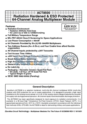 ACT8500-T datasheet - ACT8500 Radiation Hardened & ESD Protected 64-Channel Analog Multiplexer Module