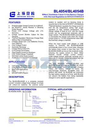 BL4054B datasheet - 800mA Standalone Linear Li-Ion Battery Charger