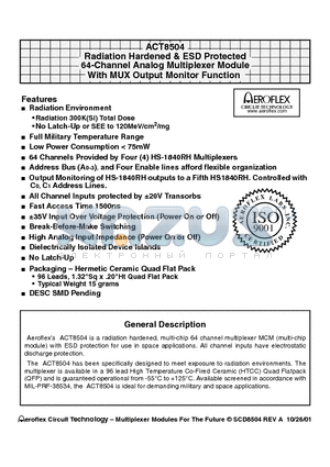 ACT8504-I datasheet - ACT8504 Radiation Hardened & ESD Protected 64-Channel Analog Multiplexer Module With MUX Output Monitor Function