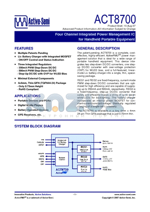 ACT8700 datasheet - Four Channel Integrated Power Management IC for Handheld Portable Equipment