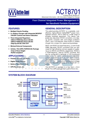 ACT8701 datasheet - Four Channel Integrated Power Management IC for Handheld Portable Equipment