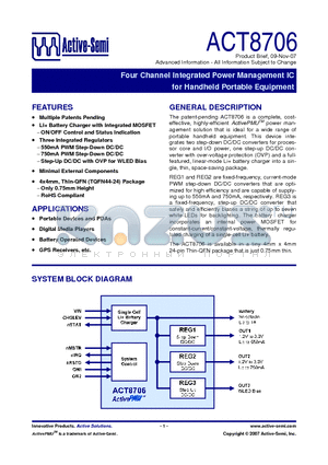 ACT8706 datasheet - Four Channel Integrated Power Management IC for Handheld Portable Equipment