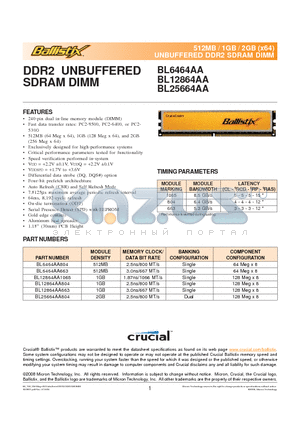 BL6464AA663 datasheet - 512MB / 1GB / 2GB (x64) UNBUFFERED DDR2 SDRAM DIMM