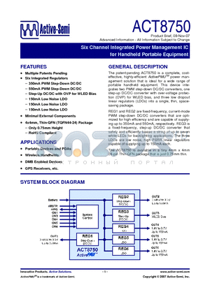 ACT8750 datasheet - Six Channel Integrated Power Management IC for Handheld Portable Equipment