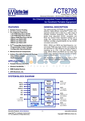 ACT8798 datasheet - Six Channel Integrated Power Management IC for Handheld Portable Equipment