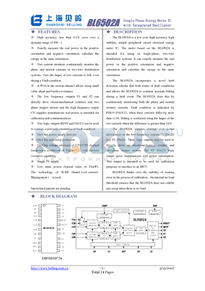 BL6502A datasheet - Single Phase Energy Meter IC with Integrated Oscillator