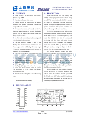 BL6506 datasheet - Single Phase Energy Meter IC with Integrated Oscillator