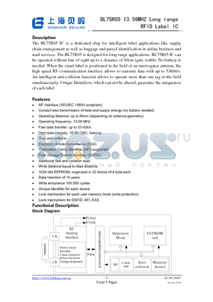 BL75R05 datasheet - The BL75R05 IC is a dedicated chip for intelligent label applications