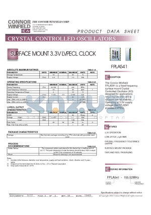 FPLA541-155.52M datasheet - SURFACE MOUNT 3.3V LVPECL CLOCK