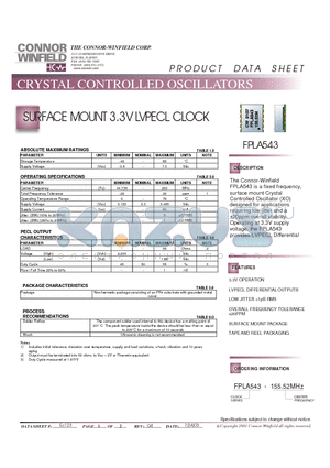 FPLA543-155.52M datasheet - SURFACE MOUNT 3.3V LVPECL CLOCK