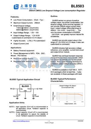 BL8503-21P1T datasheet - 250mA CMOS Low Dropout Voltage Low consumption Regulator