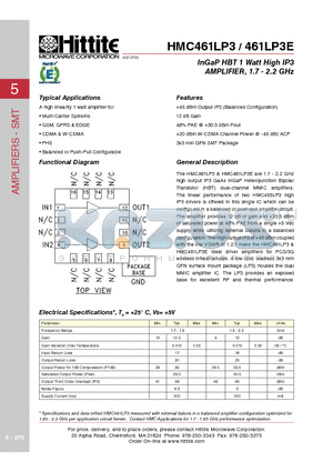 461LP3E datasheet - InGaP HBT 1 Watt High IP3 AMPLIFIER, 1.7 - 2.2 GHz