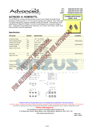 ACT9CSV-6HCMOS datasheet - 6-pad miniature surface mount Voltage Controlled Crystal Oscillators (VCXO)